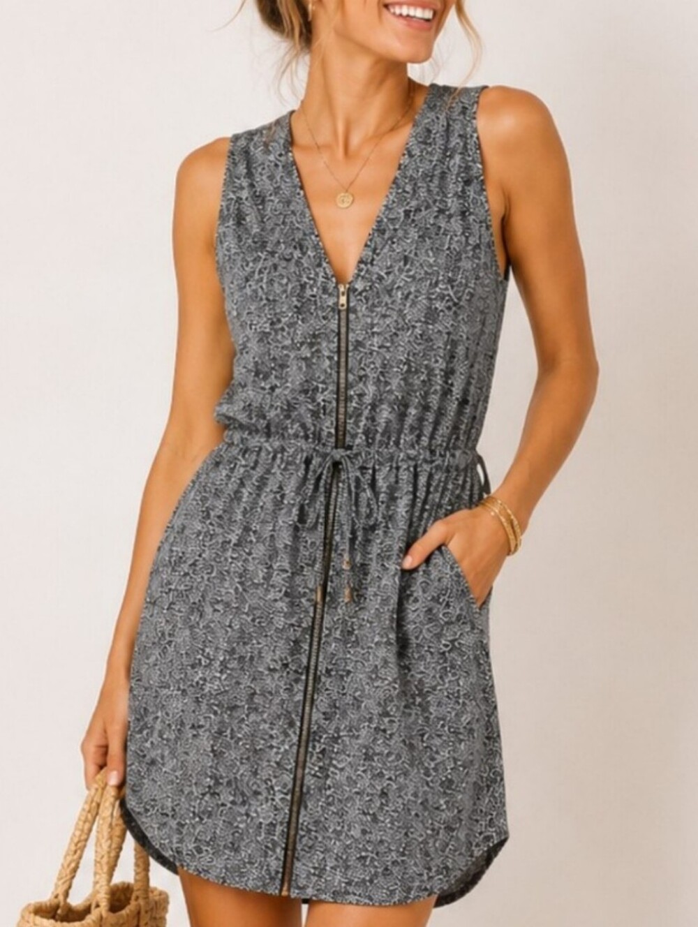 the fisher Project Silk Sleeveless Gray Zip-Front Drawstring Snake Print Dress